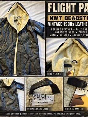 Rare Flight Path Genuine Leather Shearling Hooded Coat XL Deadstock NWT Aviator